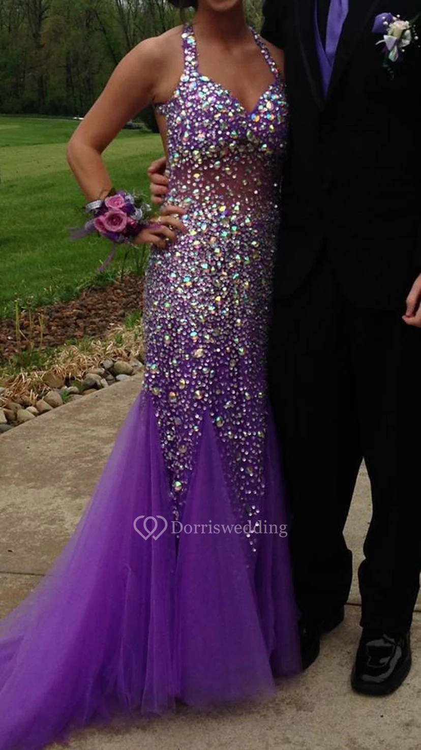Luxurious Crystals Sequins Mermaid Evening Dress Halter Sweep Train