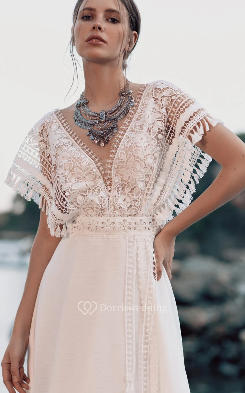 Simple Chiffon V-neck Caped Empire White Boho Wedding Dress with Low-v Back view 3