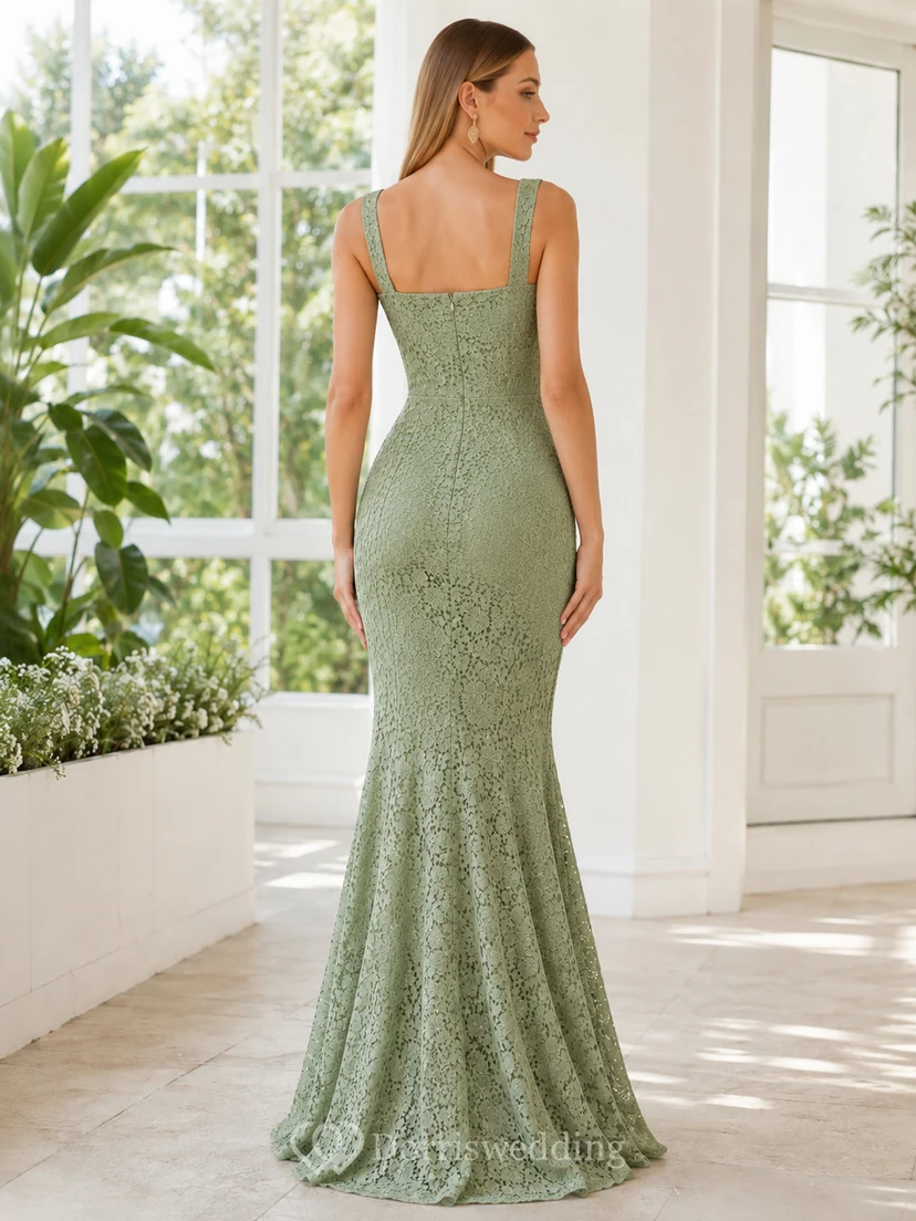 Vestido formal moderno y elegante de encaje celadón con escote cuadrado, tirantes anchos y largo hasta el suelo, estilo sirena. view 2