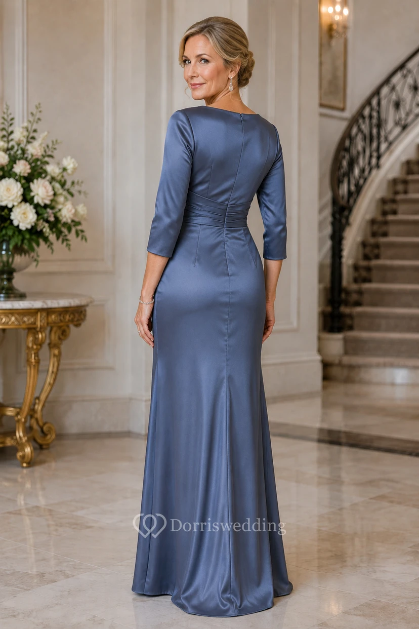 Steel Blue V-Neck Stretch Satin Mother Dress with Three Quarter Sleeves view 2