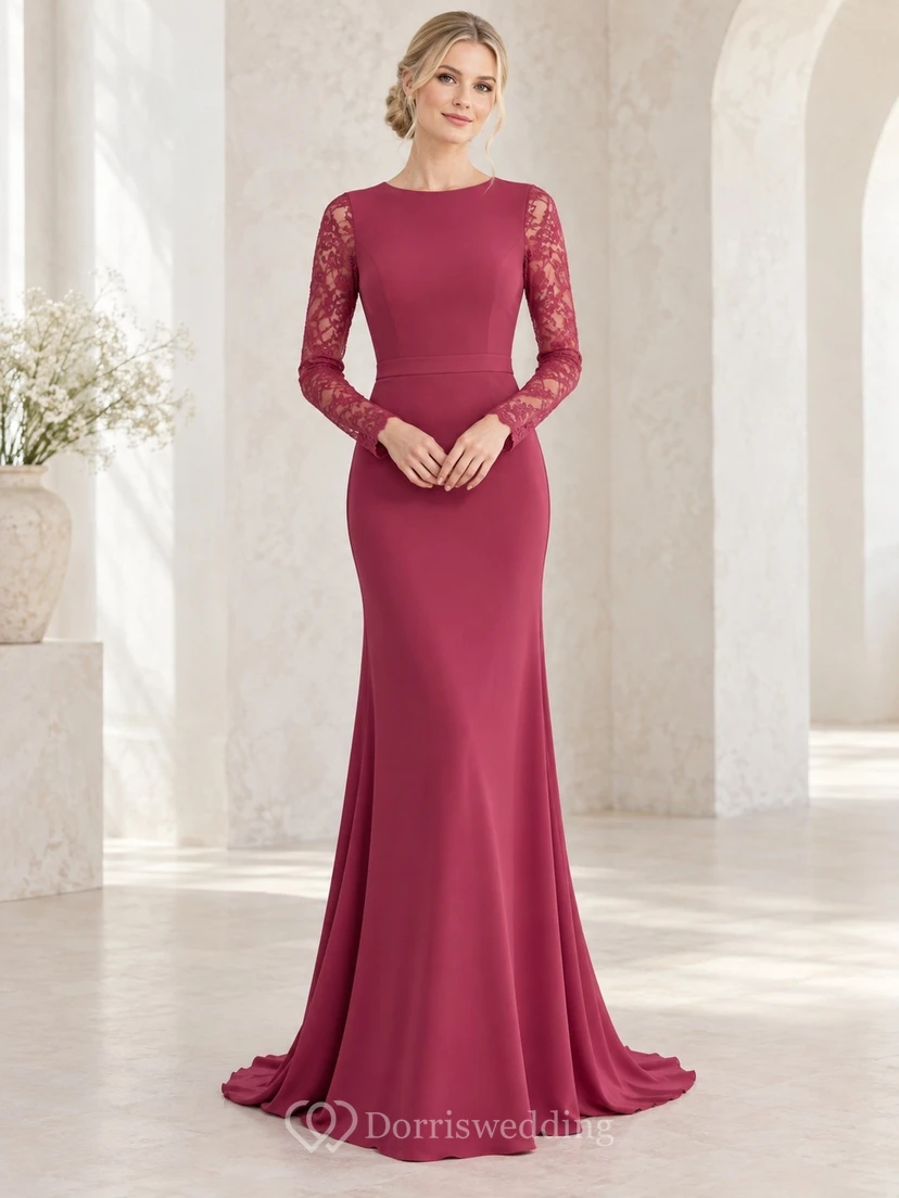 Vestido de dama de honor minimalista, elegante, elegante, ajustado y con falda acampanada, de encaje color frambuesa y manga larga.