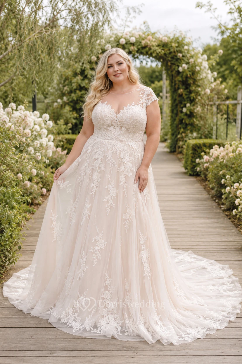 Plus Size Blushing Pink V-Neck Lace A-Line Wedding Dress Train