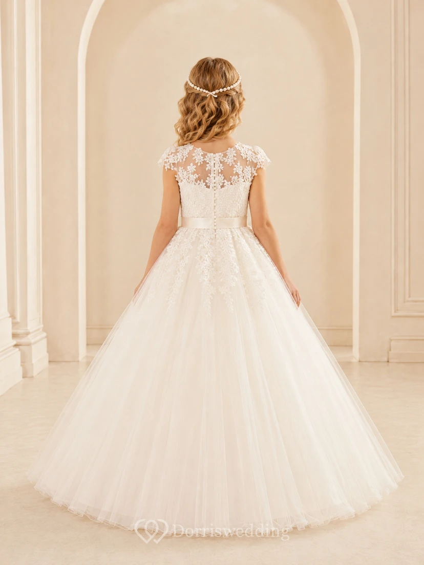 Lace Bodice Tulle A-Line Flower Girl Dress with Short Sleeves, Jewel Neck and Tea-Length Skirt view 2