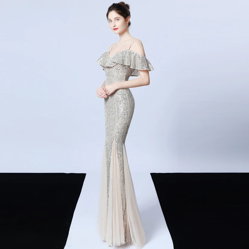 Robe de soirée élégante à franges et sequins en fil de polyester, style sirène, idéale pour un banquet ou une occasion spéciale automne. view 12
