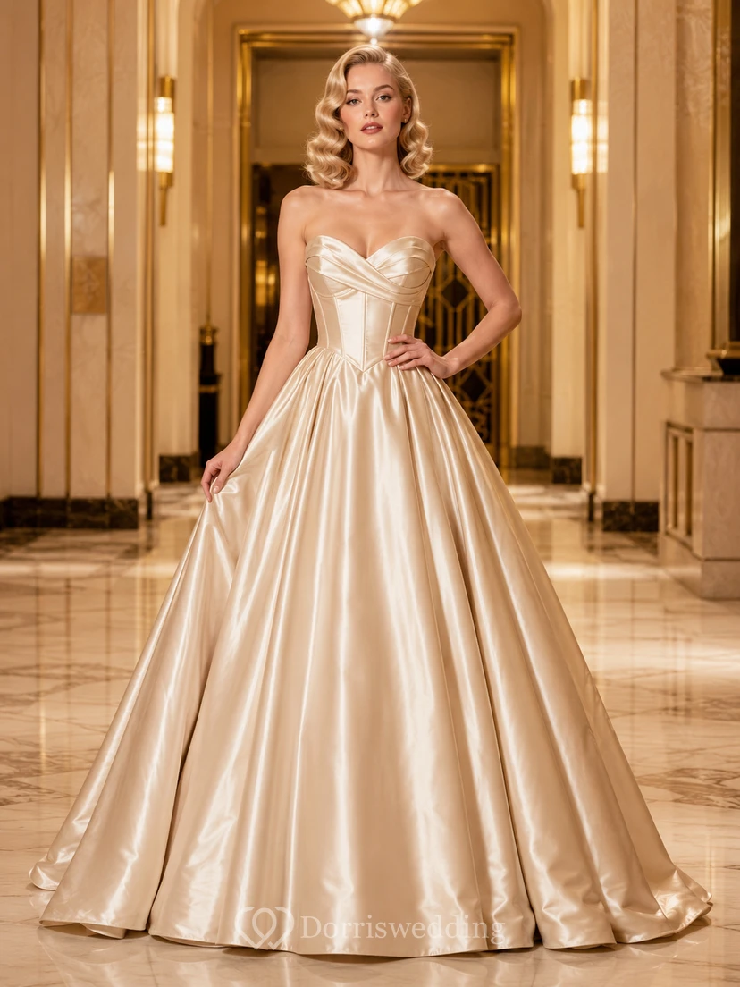 Champagne Vintage Strapless Sweetheart Pleated Satin Quinceanera Formal Princess Ball Gown