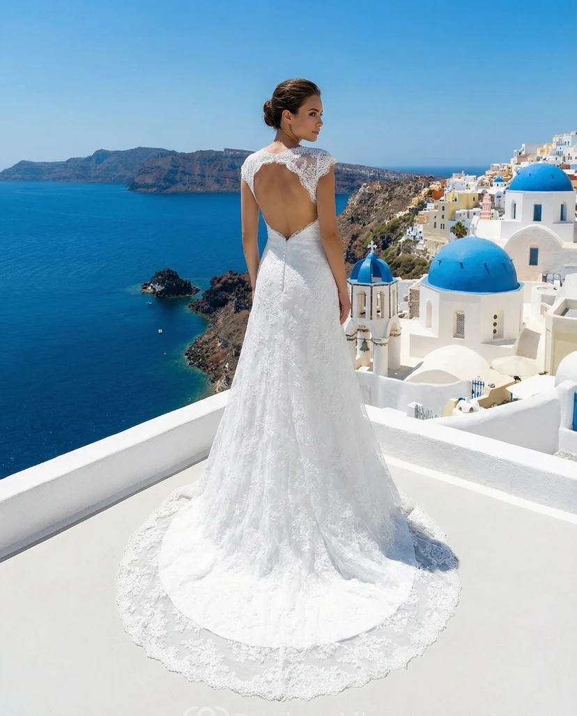V-Neck Allover Lace Gown with Back Keyhole view 2