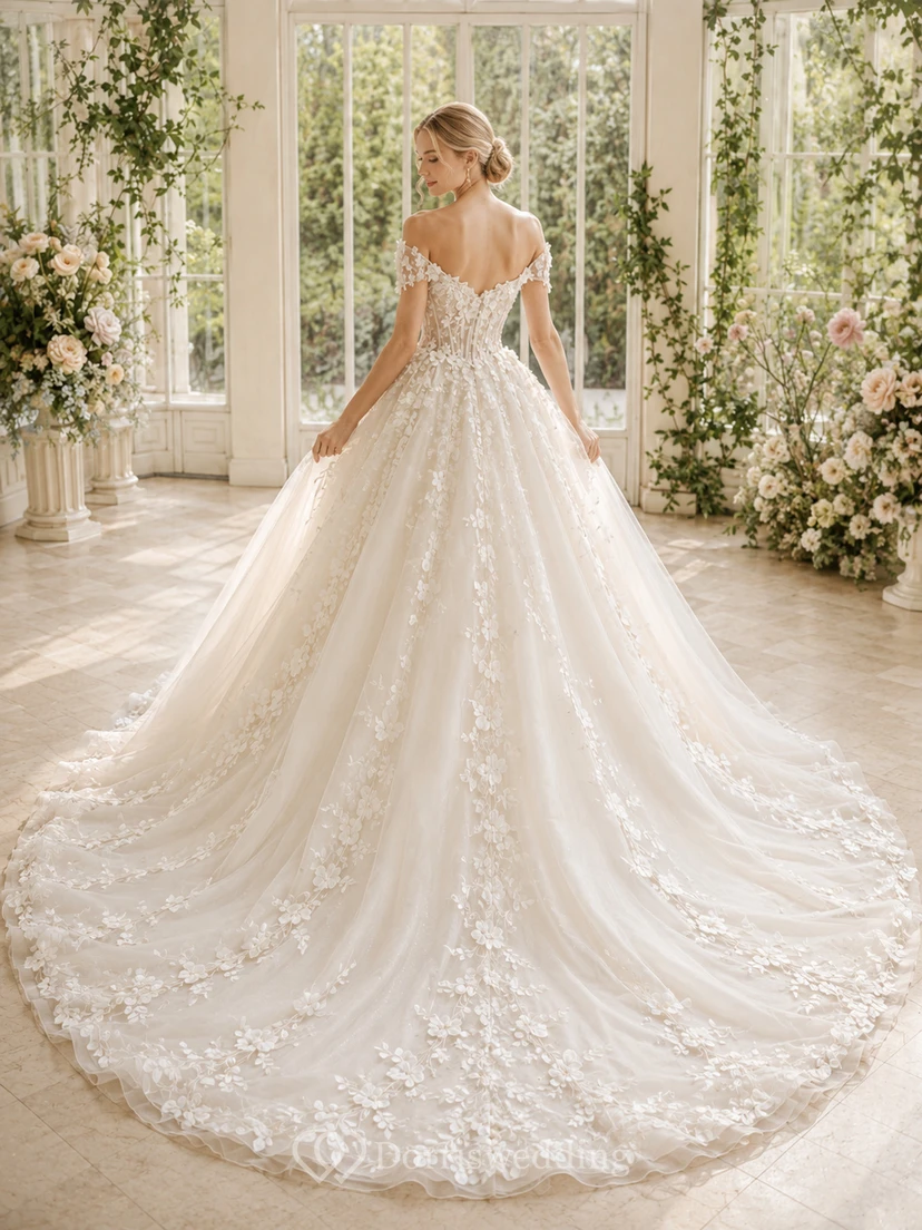 Robe de bal en dentelle florale à épaules dénudées, robe de mariée luxueuse avec traîne cathédrale view 2