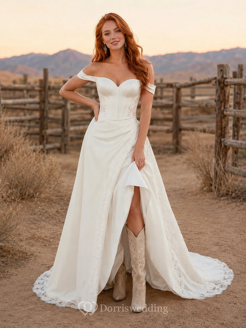 Robe de mariée de maternité à col carré et manches longues en dentelle, style vintage