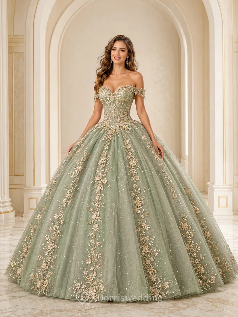celadon Champagne Luxury Off Shoulder Sweetheart Embroidered Tulle Quinceanera Princess Ball Gown