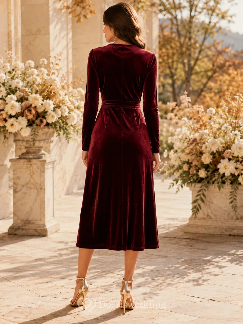 Burgundy V-Neck Long Sleeve Velvet Wrap High-Low Wedding Guest Dress view 2