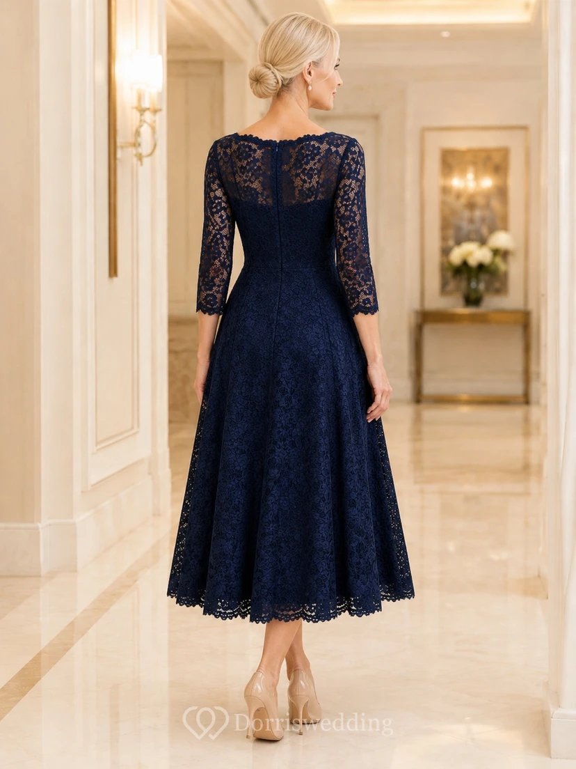Vintage Dark Navy Jewel Neck Long Sleeve Tea-length Lace A-line Dress view 2