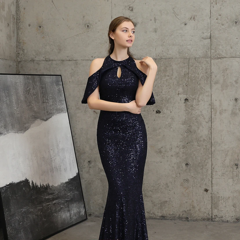 Banquet Temperament Elegant Long Short-Sleeved Sequin Aura Queen Fishtail Evening Dress view 25
