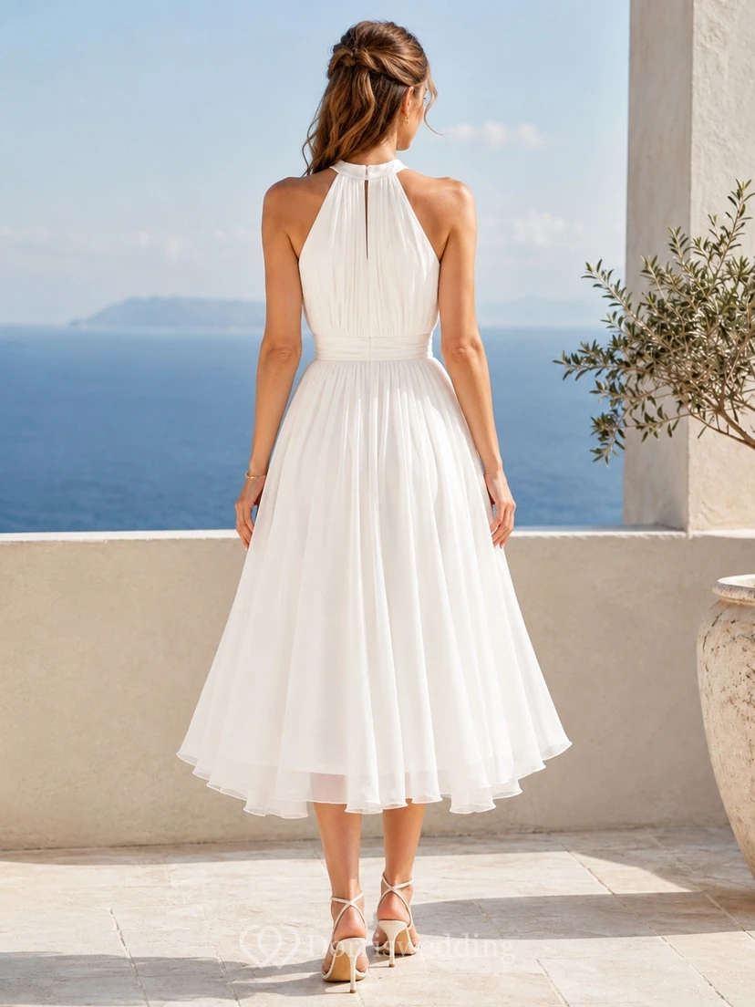 Weißes, teelanges Chiffon-Sommerkleid mit Neckholder und hohem Kragen in A-Linie view 2