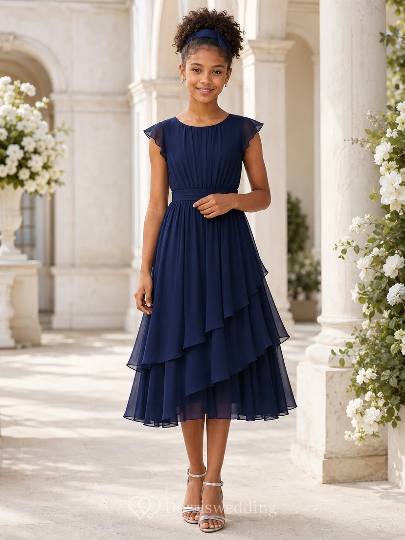 Dark Navy Junior Bridesmaid Dress A-Line Jewel Short Sleeves Tiered Skirt