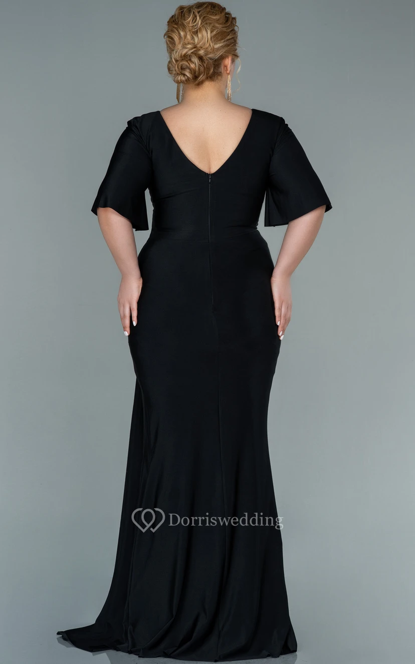 Charming V-neck Half-sleeve Sheath Mermaid Ruched Front Split Plus Size Evening Dress view 8