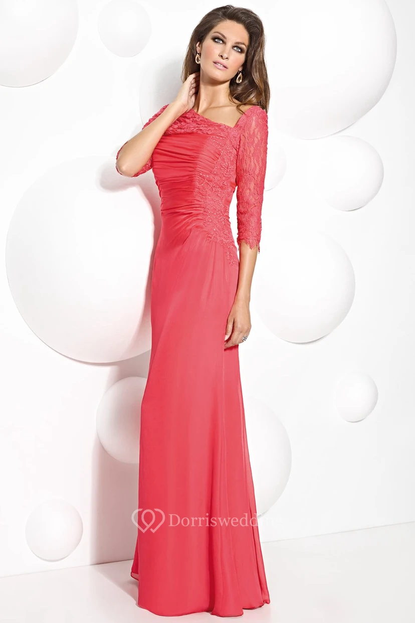 Bodenlanges Chiffonkleid mit halben Ärmeln, Applikationen und herzförmigem Ausschnitt – das perfekte Kleid für die Mutter der Braut view 2