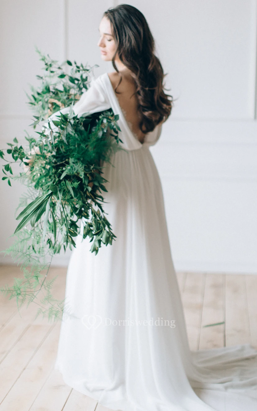 Scoop-neck Long Sleeve Chiffon Deep-v Neck Casual Wedding Dress with Deep-v Back view 2