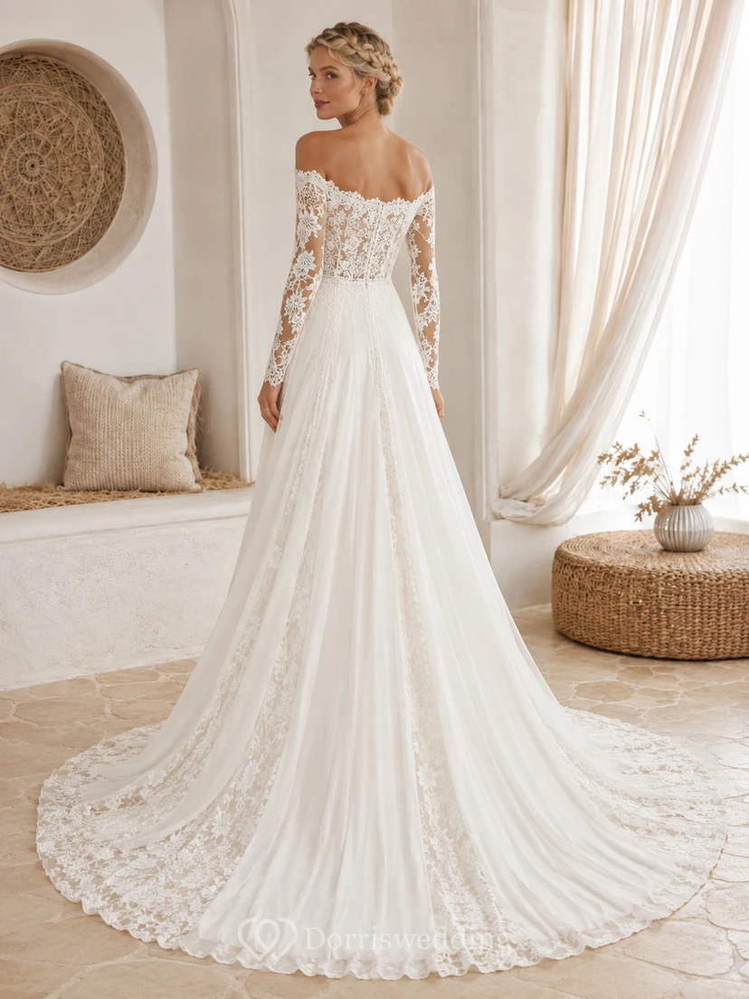 Romantic Boho Lace A Line Off Shoulder Long Sleeve Chapel Wedding Gown view 2