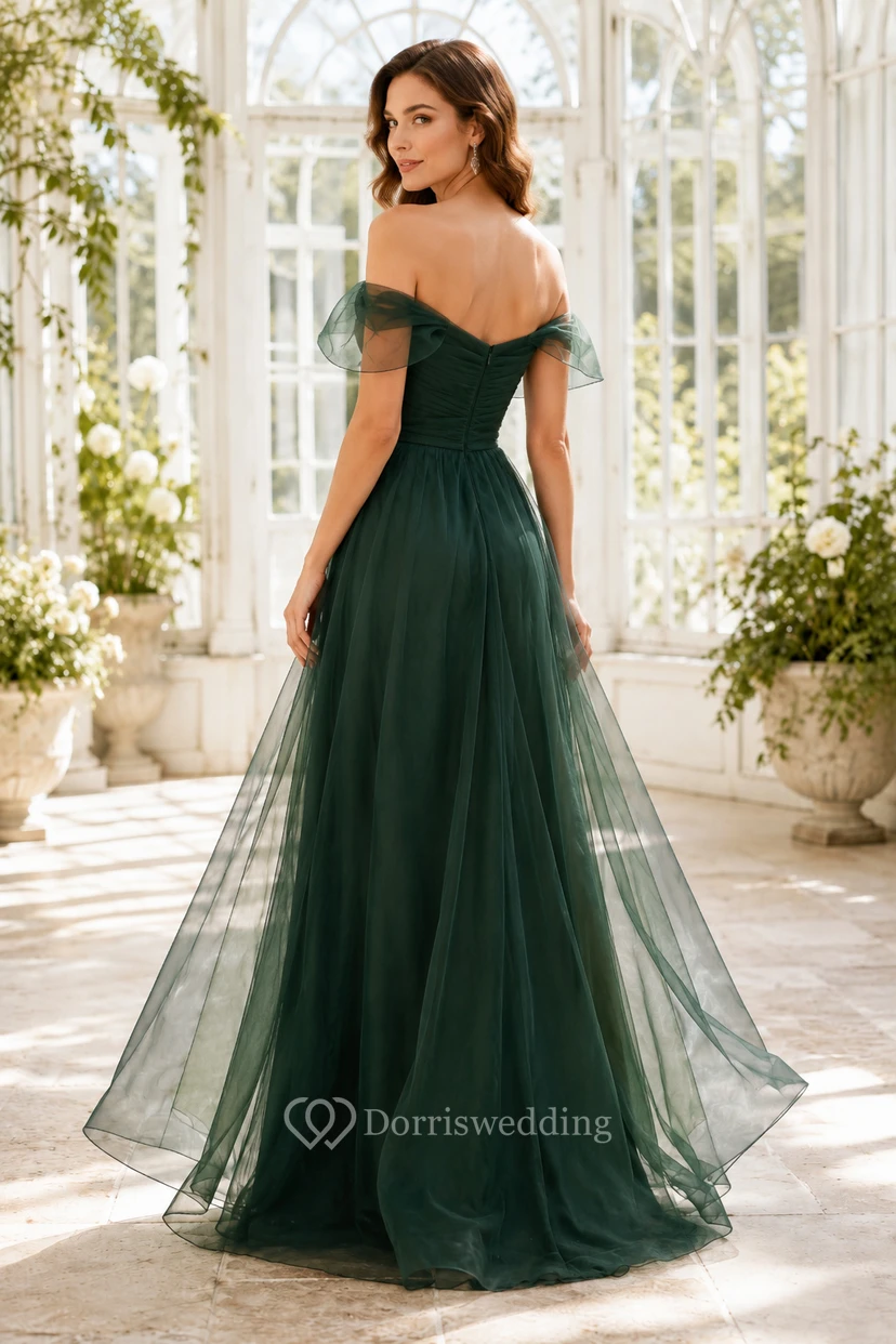 Robe de soirée vert foncé en tulle, coupe trapèze, épaules dénudées, manches courtes, longueur au sol view 2