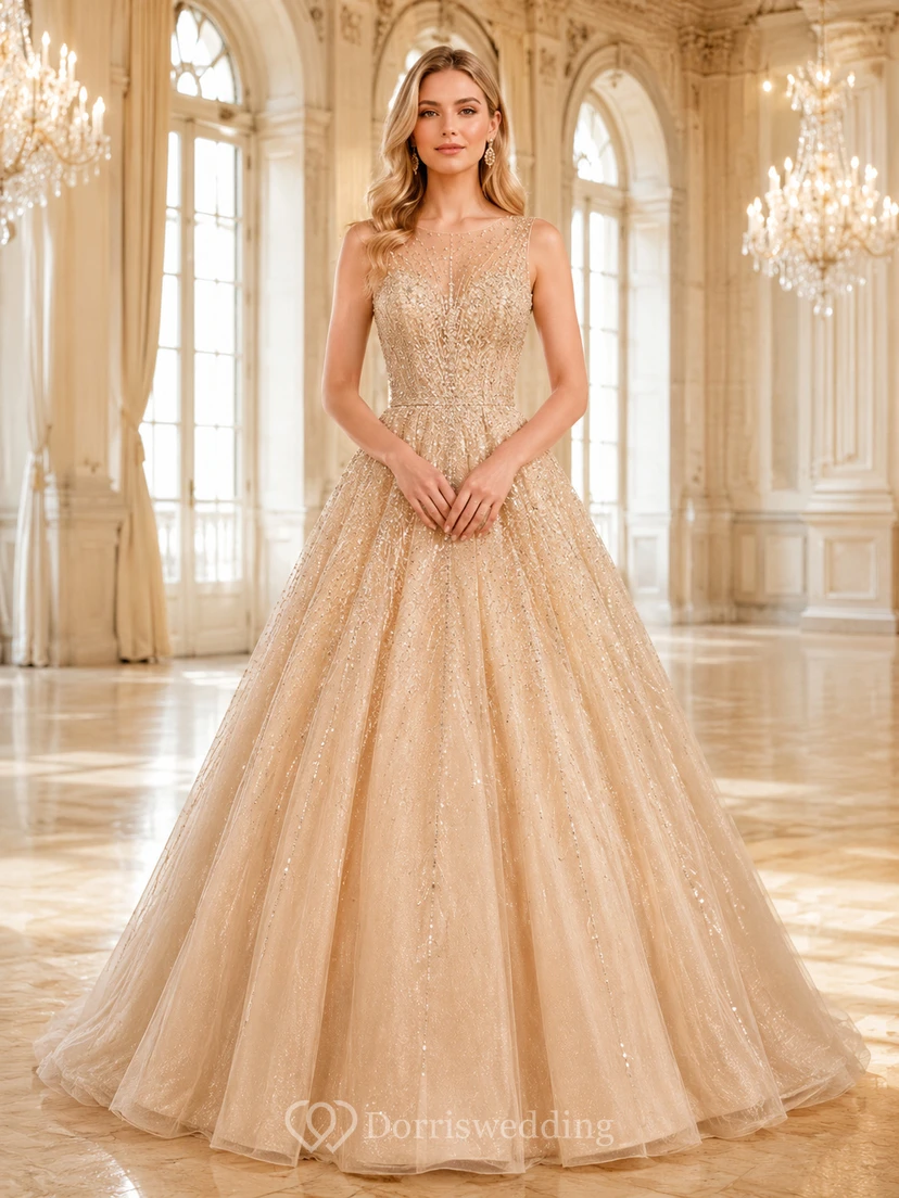 Champagnerfarbenes Ballkleid aus Spitze und Tüll
