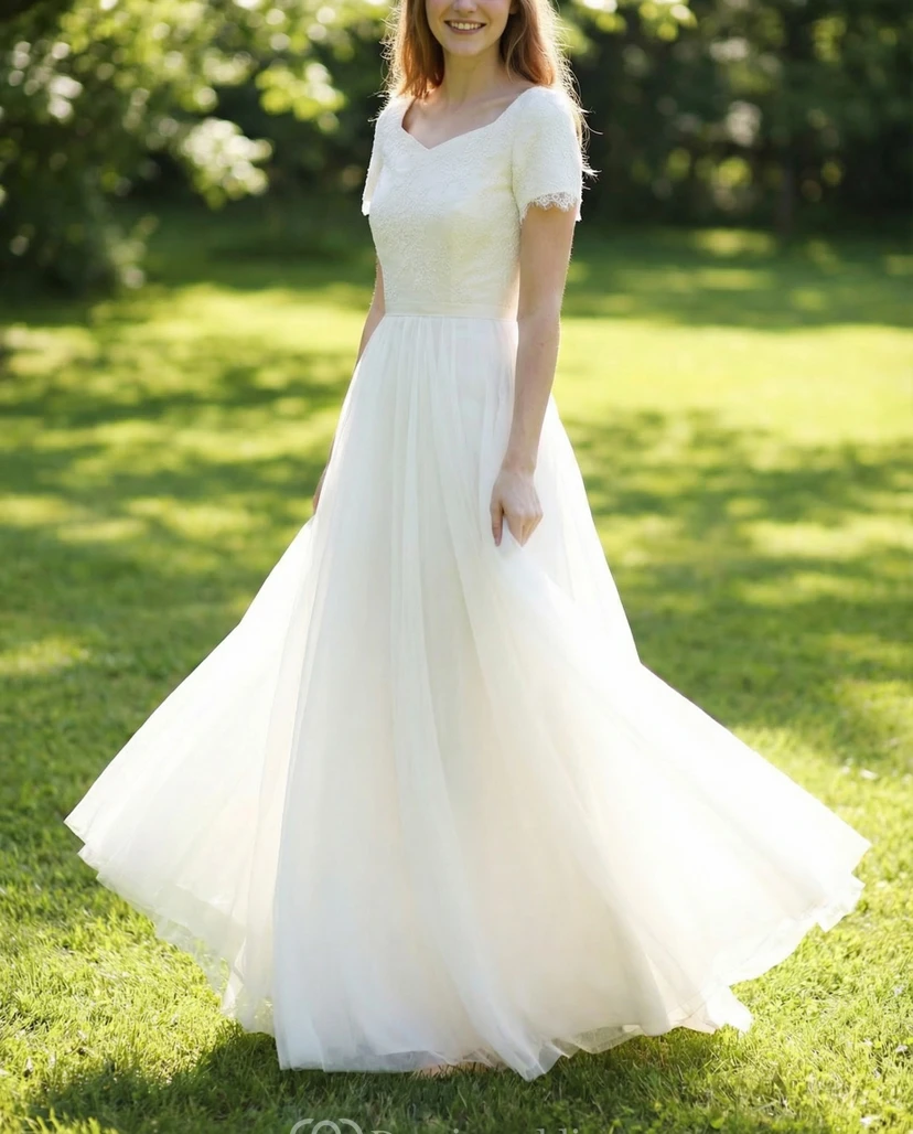 Short Sleeve V-Neck A-Line Tulle Bridal Gown view 3