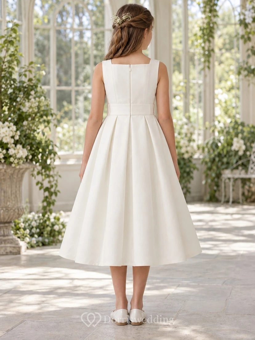 Einfaches, teelanges, elfenbeinfarbenes Satin-Blumenmädchenkleid mit weiten Falten view 2