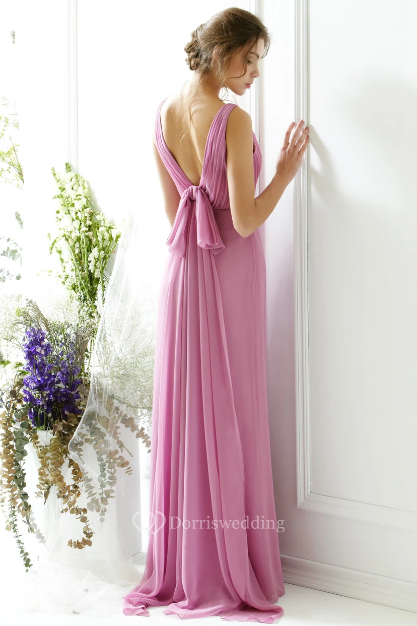 Ruched V-Neck Sleeveless Chiffon Bridesmaid Dress With Bow view 2