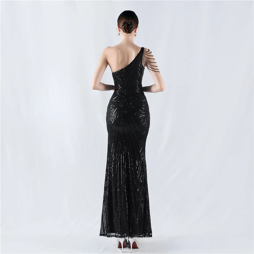Positioning Flower Beaded Craft Beaded One-Shoulder Oblique Collar High Slit Evening Dress view 2