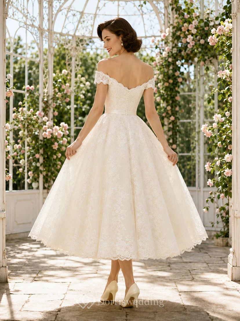 Vintage Romantic Off Shoulder Short Sleeve Lace Tea Length Ball Gown Wedding Dress view 2