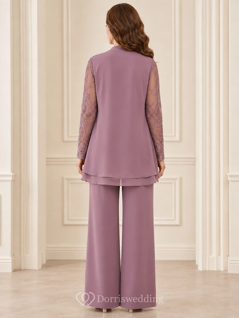 Vintage-Mauve-Hosenanzug mit asymmetrischem Schnitt, Spitzenärmeln, weitem Bein und längerem, mehrlagigem Blazer – perfekt für die Mutter der Braut. view 2