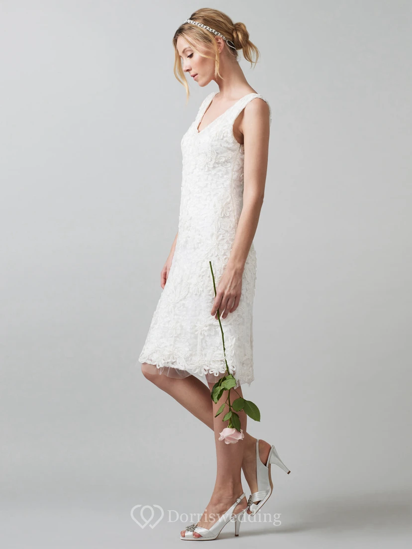 Midi V-Neck Appliqued Lace Wedding Dress With V Back view 3