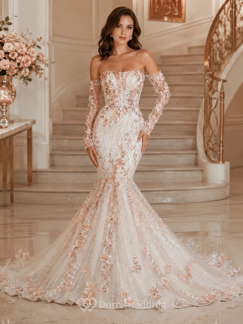 Brautkleid im Meerjungfrauen-/Trompetenstil mit roségoldener Spitze, schulterfrei, langen Ärmeln und bodenlanger Schleppe – ein luxuriöses Abendkleid