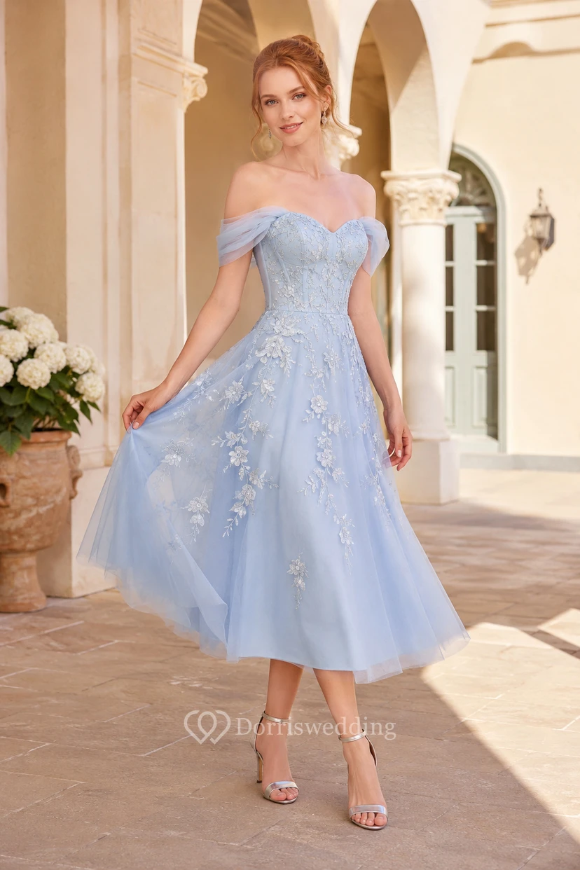 Sky Blue Tea Length Off Shoulder Tulle A-Line Dress with Appliques for Bridesmaids Wedding Guests and Formal Receptions
