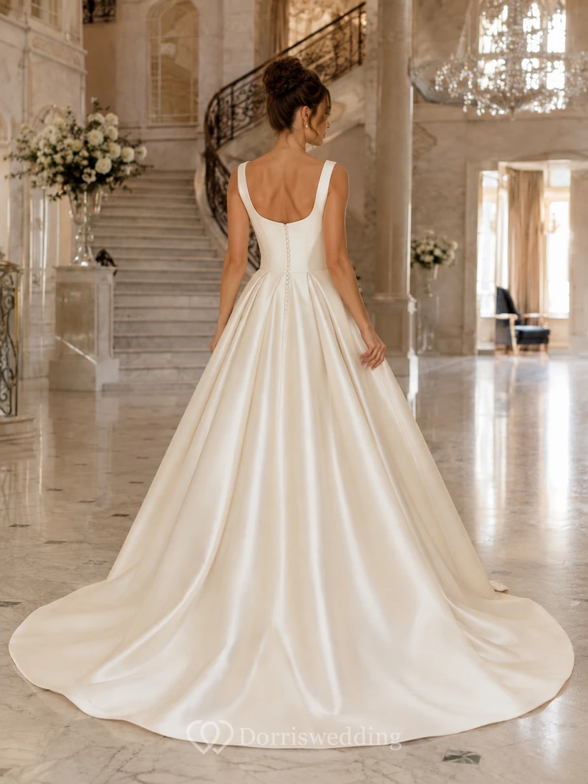 Robe de bal majestueuse en satin, bretelles carrées, sans manches, traîne chapelle, poches, style domaine. view 2
