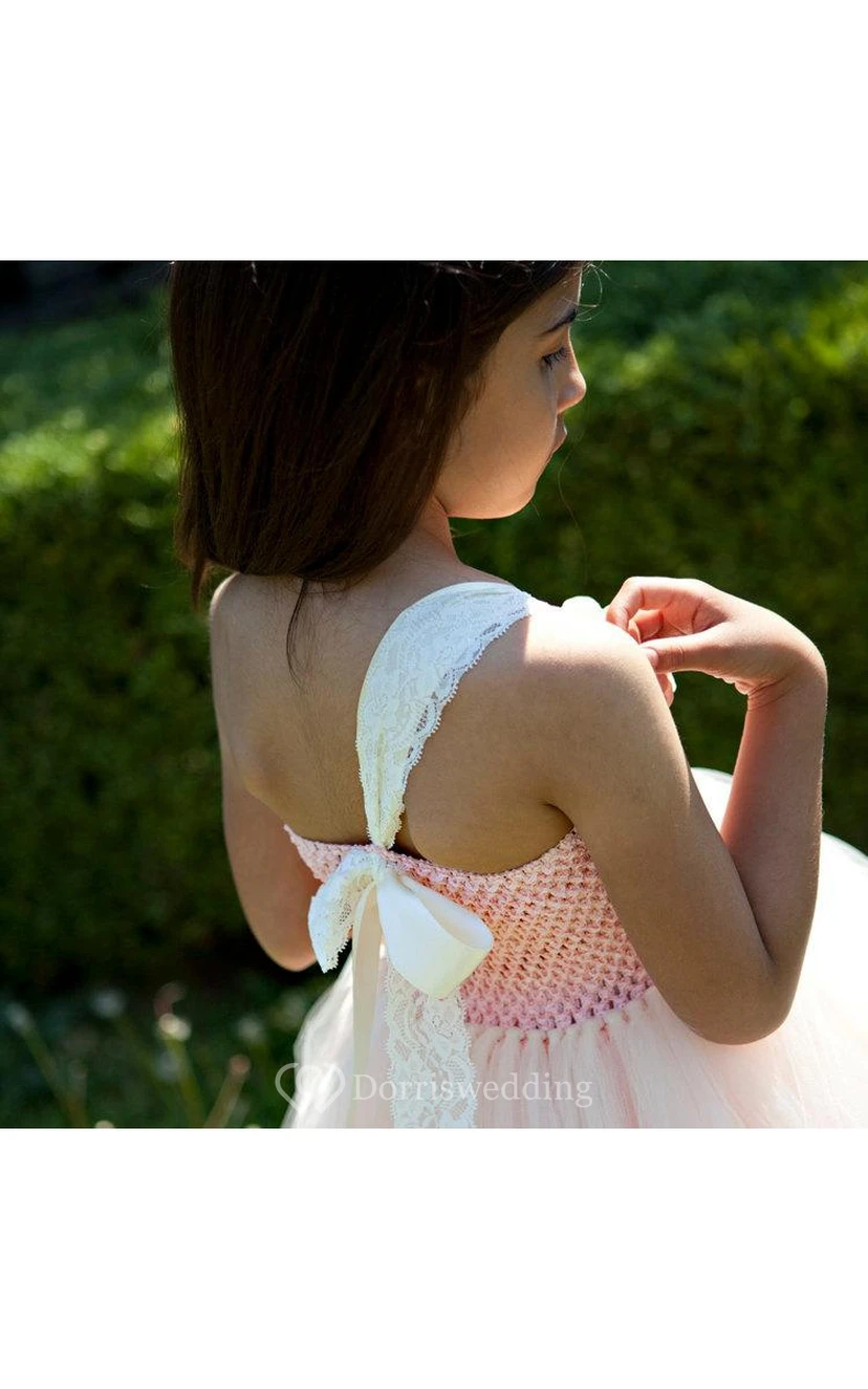 One-shoulder Empire Layered Tulle Ball Gown With Flowers and Sash view 3