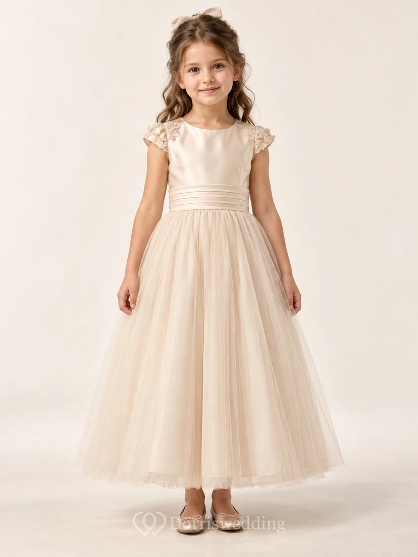 Champagne A-line Tulle Lace-cap Satin-bodice Ankle-length Pleated-waist Round-Neck Flower Girl Dress