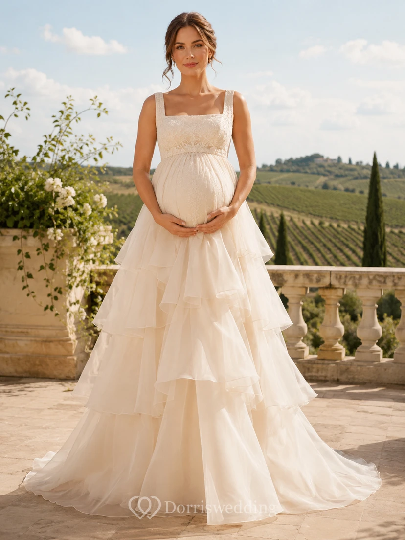Maternity Wedding Dress Square Neck Lace Bodice Cascading Ruffle Tulle Gown