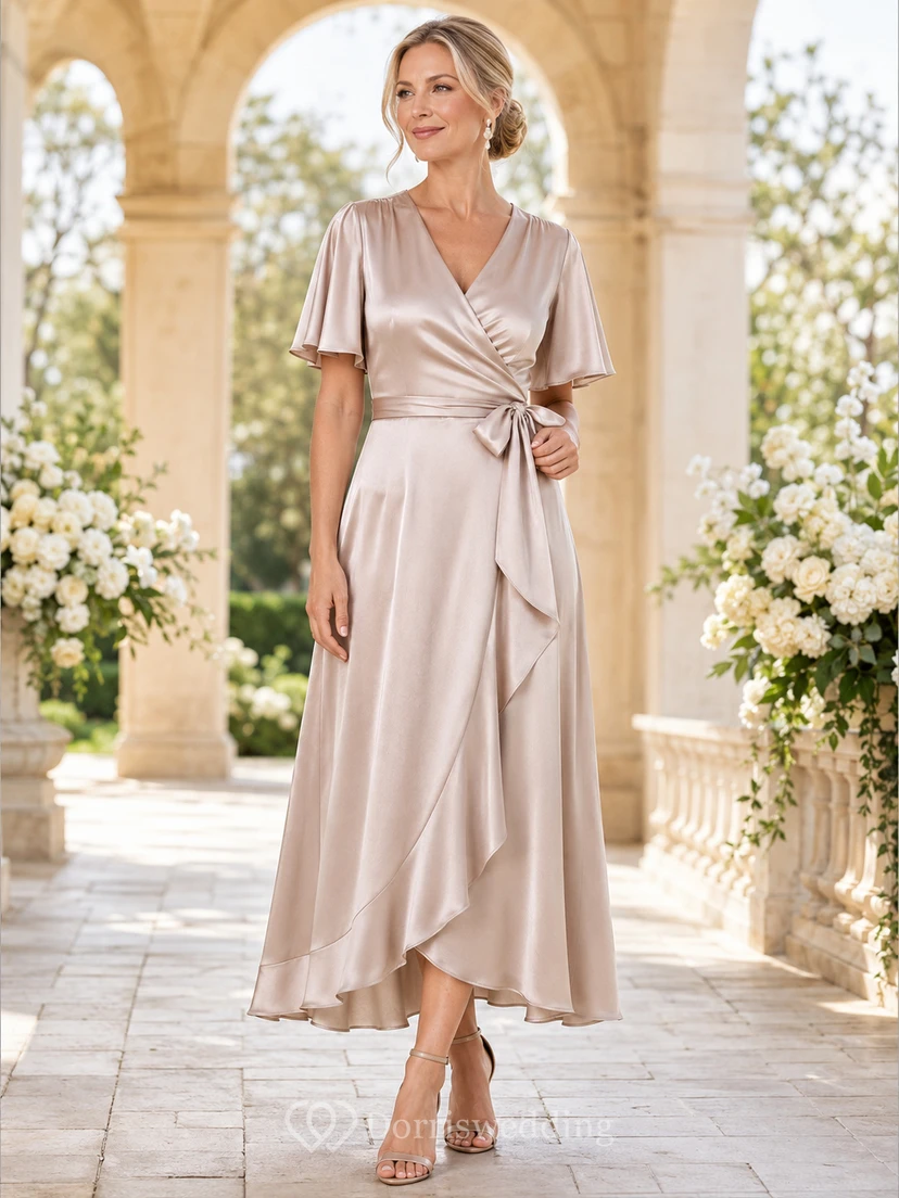 Champagne Romantic V-Neck Satin High-Low A-Line Mother of the Bride Wrap Dress with Flutter Sleeves and Sash