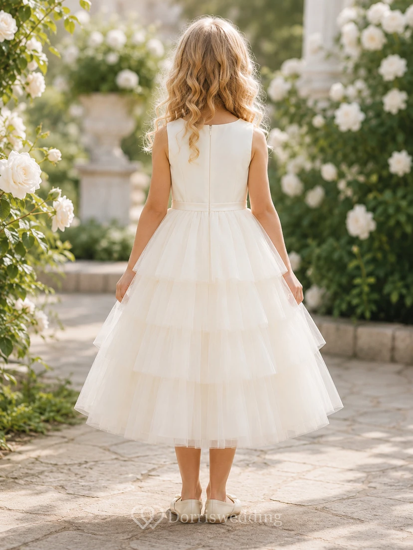 Flower Girl Dress Ivory Tulle A-Line Jewel Neck Tea Length Tiered Skirt view 2