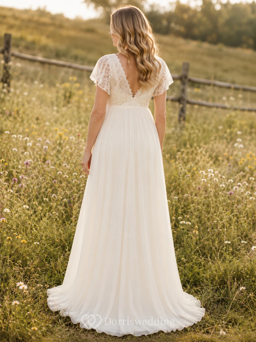Strandhochzeitskleid aus Chiffon, A-Linie, schulterfrei, kurze Ärmel, Schleppe view 2