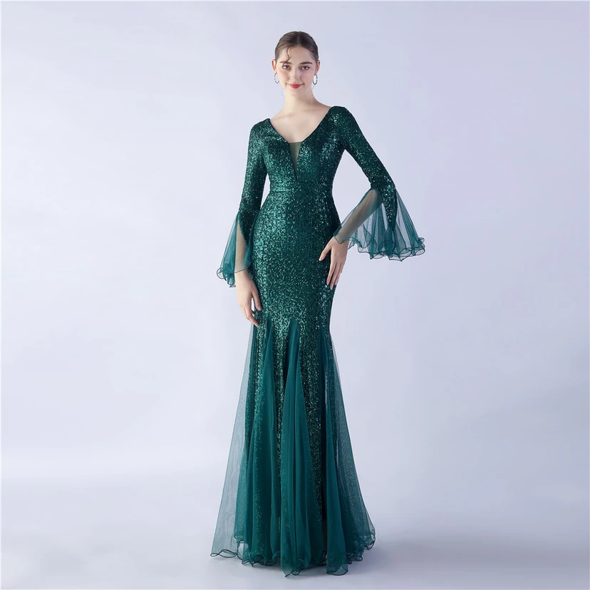 Vestido de noche con lentejuelas, bordado de malla encriptada, estilo artesanal de seda de pez y borde ondulado. view 55