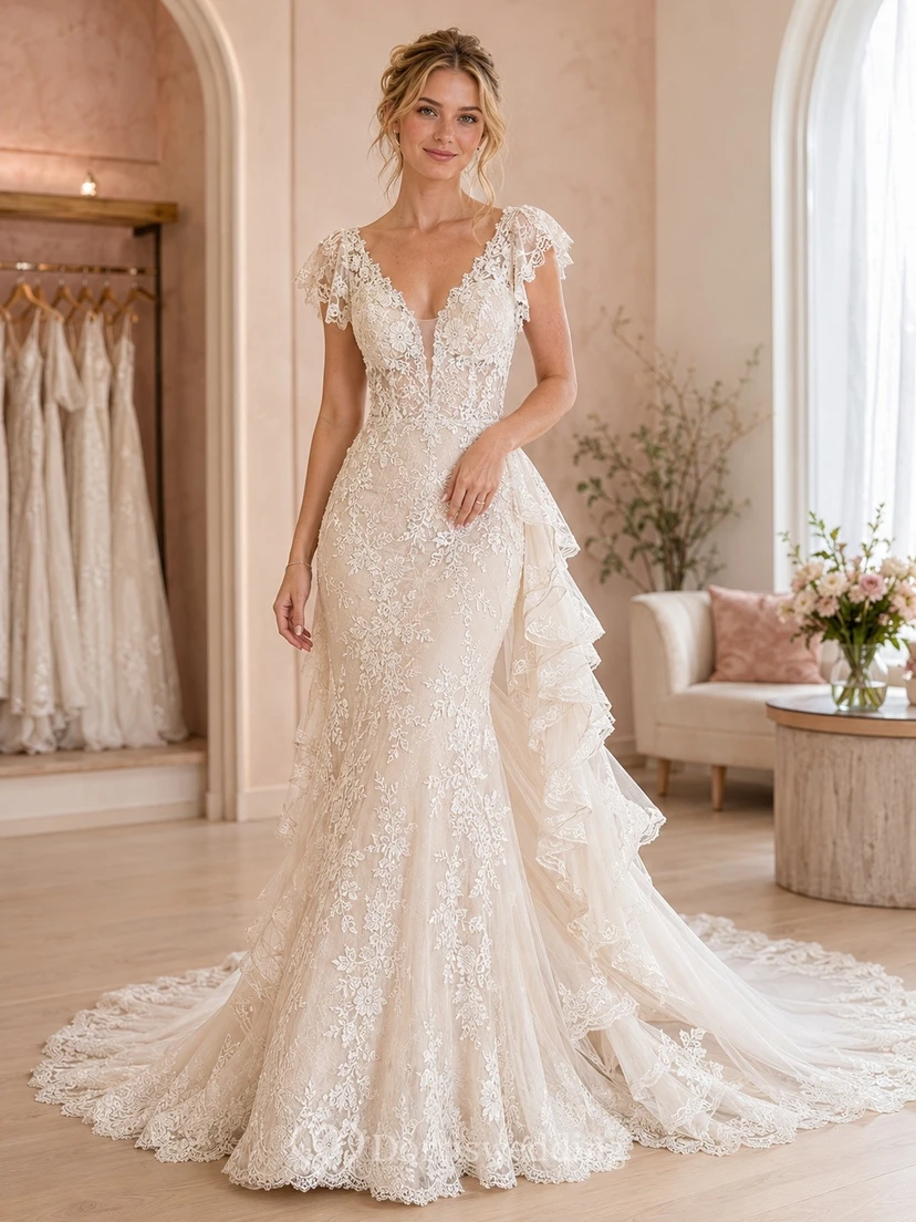 A-Linien-Brautkleid mit Spitze, Rüschen und Schleppe (formell)