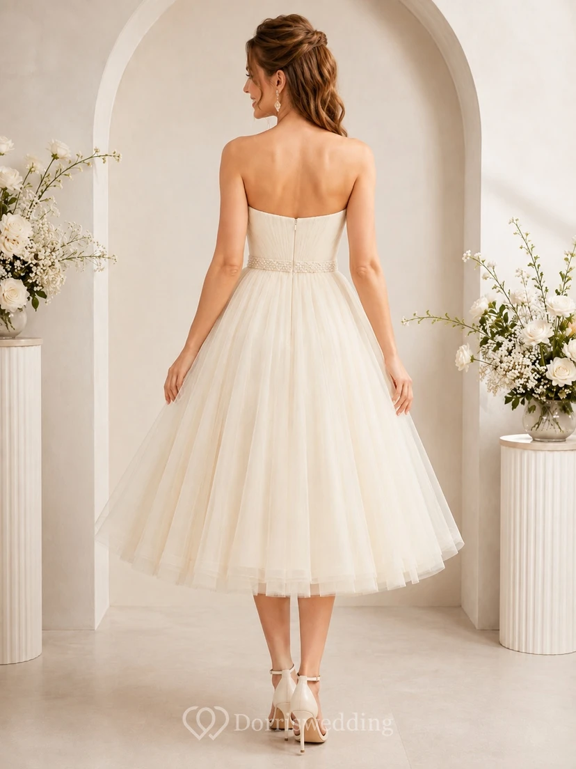 Cream Strapless Tulle A-Line Tea-Length Pleated Romantic Engagement Party Dress view 2