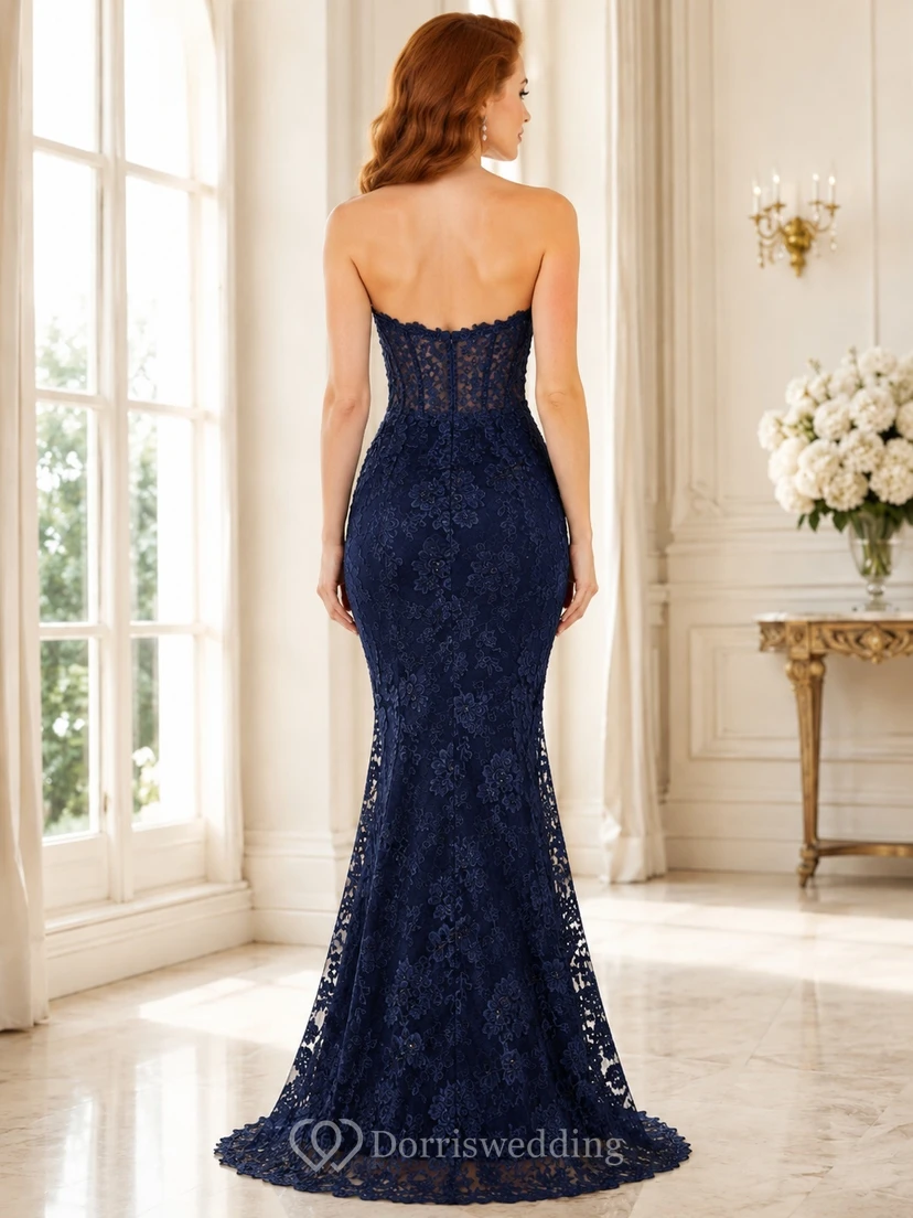 Ink Navy Lace Spaghetti Strap Mermaid Sweetheart Floor Length Evening Dress view 2