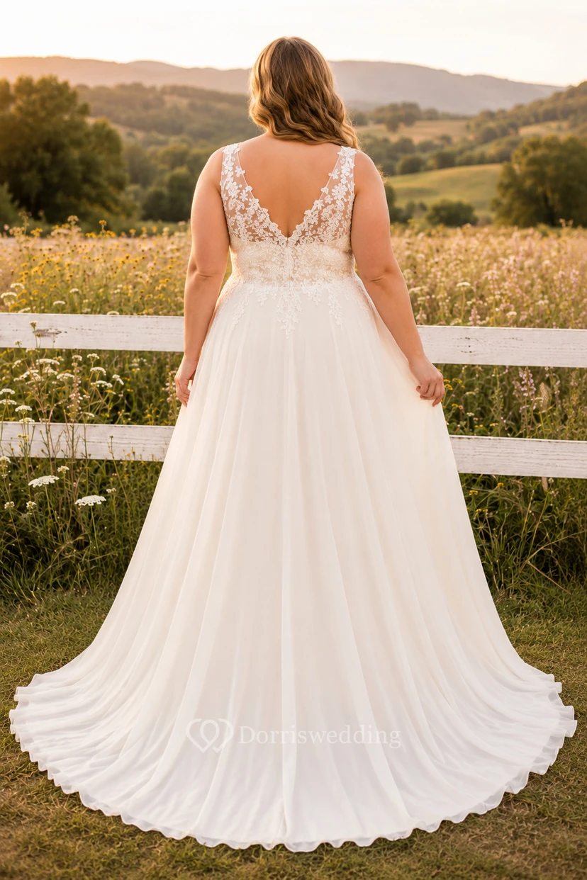 Landhaus-Hochzeitskleid in Übergröße mit V-Ausschnitt und Spitzenoberteil view 2