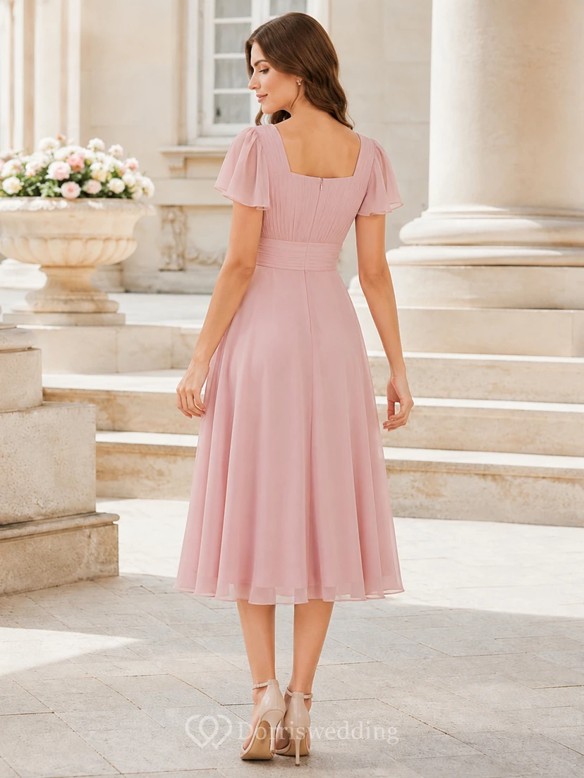 Blush Chiffon-Kleid im A-Linien-Stil mit eckigen Flügelärmeln, Teelänge, Jugendweihe view 2