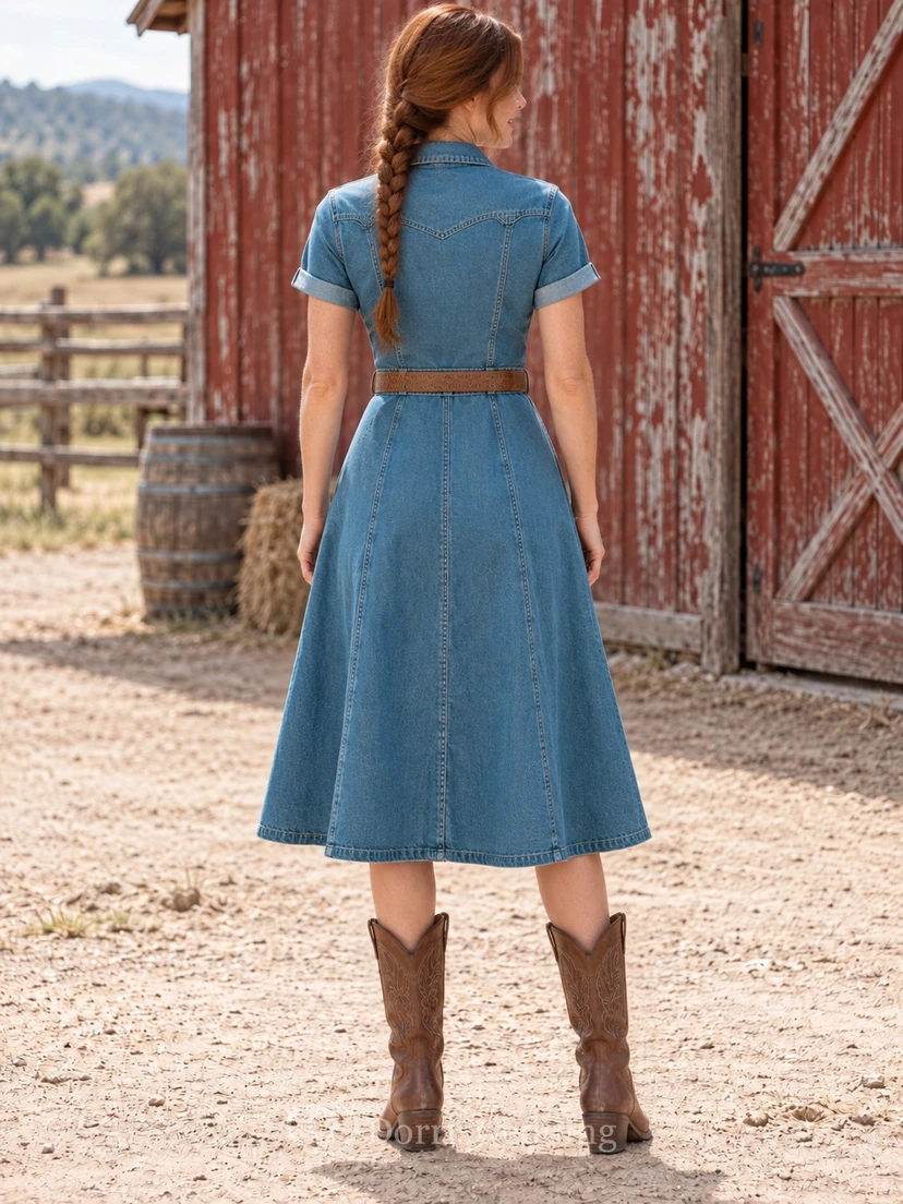 Western Tea-length Blue Collared Short Sleeve Button Front Denim Dress view 2