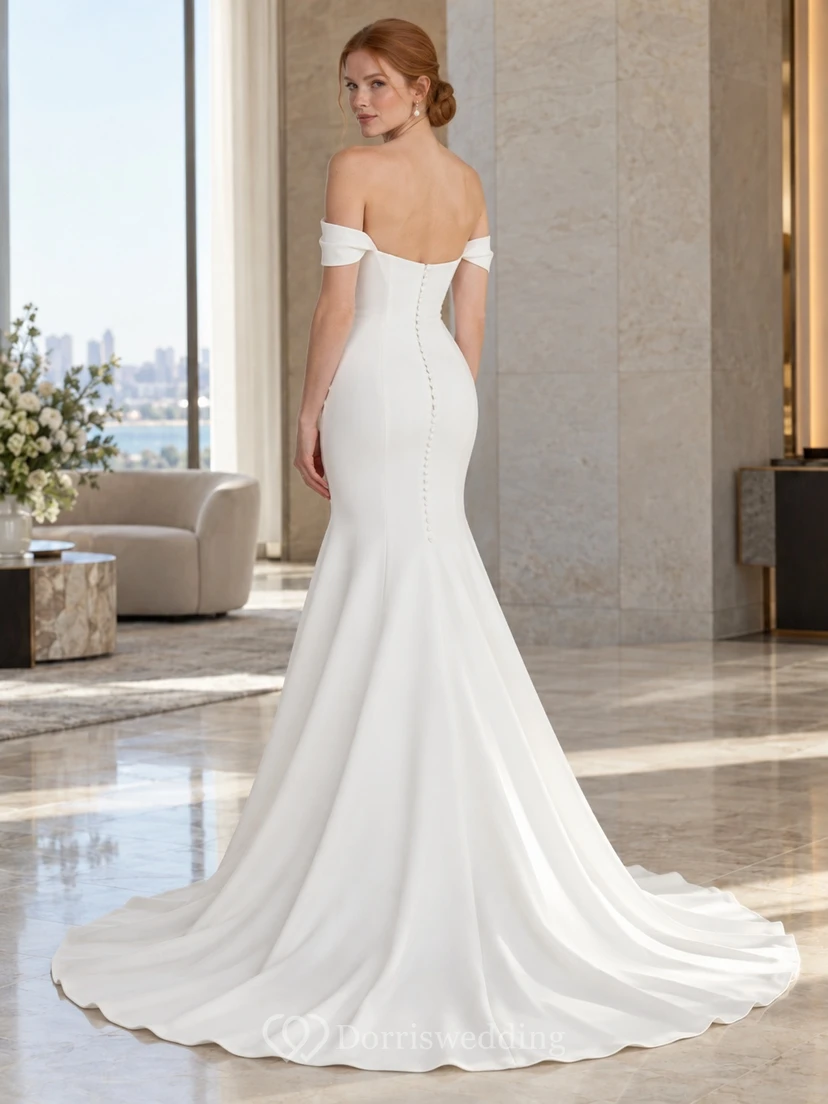 Simple Fit and Flare Off Shoulder Satin Train Wedding Dress view 2