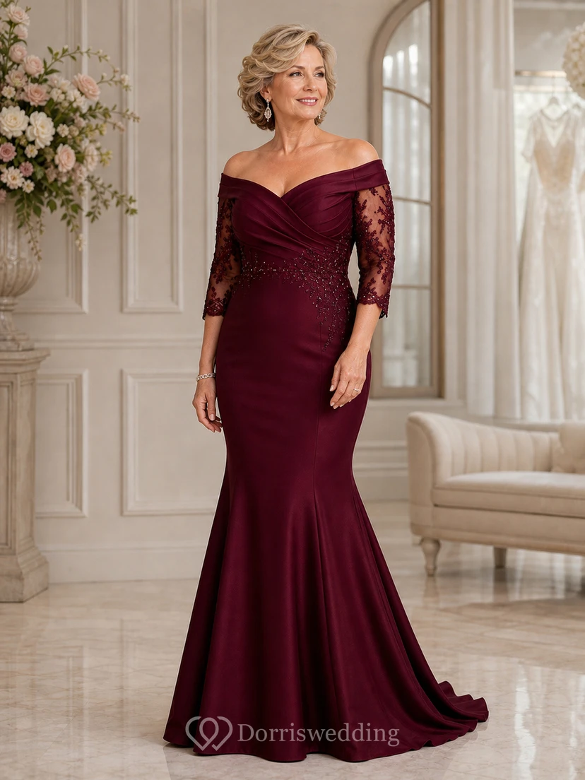 Burgundy Off Shoulder Mermaid Mother Gown Burgundy Off-the-shoulder Sweetheart Mermaid Floor-length Sweep Train view 4