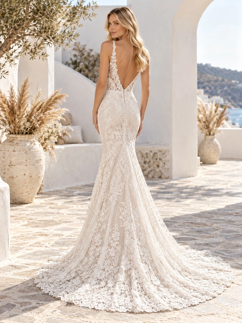 Boho Mermaid V-neck Floral Lace Straps Train Wedding Dress view 2
